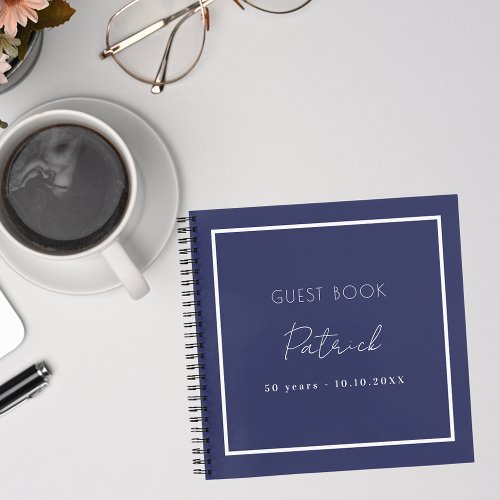 Guest book birthday navy blue white name simple