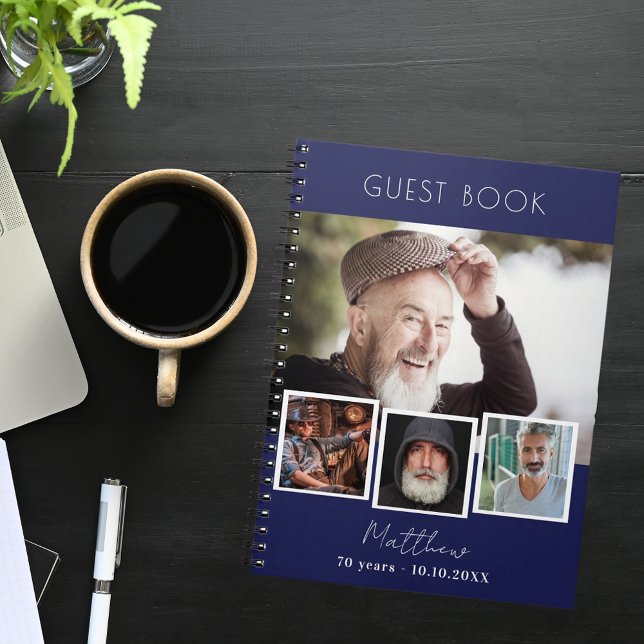 Guest book birthday navy blue white photo collage (Creator Uploaded)