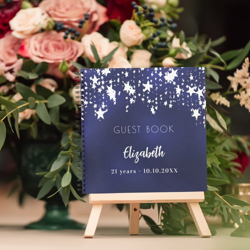 Guest book birthday navy blue white stars name