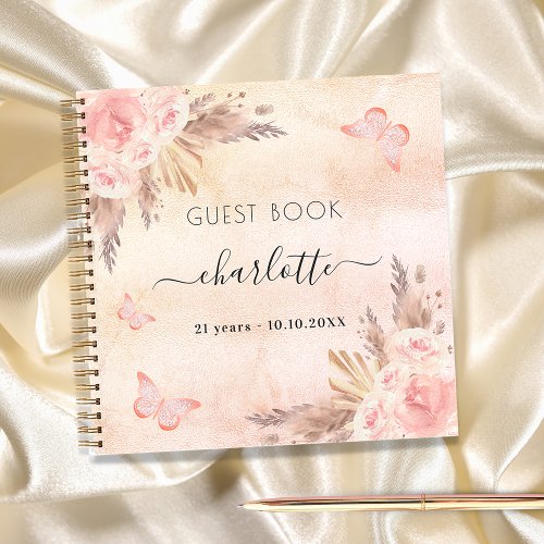 Guest book birthday pampas rose blush butterfly