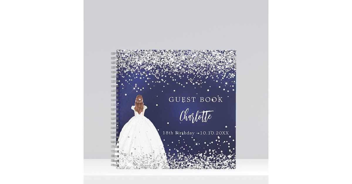 Guest book Birthday party navy blue dress glitter Zazzle