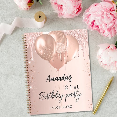 Guest book birthday party rose gold blush balloons