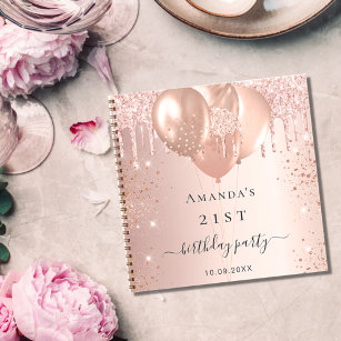 Guest book birthday party rose gold blush balloons
