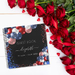 Guest book birthday patriotic red white blue<br><div class="desc">Black background. Decorated with patriotic colored  balloons in red blue and white. Blue and red sparkles.  Add your name,  age/text</div>