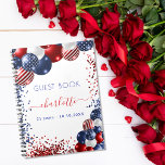 Guest book birthday patriotic red white blue flag<br><div class="desc">White background. Decorated with patriotic colored  balloons in red blue and white. Blue and red sparkles.  Add your name,  age/text</div>