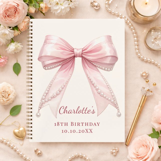 Guest book Birthday pink bow ivory pearls (Creator Uploaded)