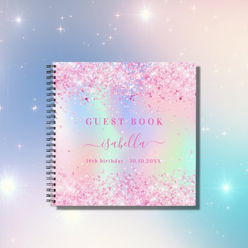 Guest book birthday pink holographic confetti