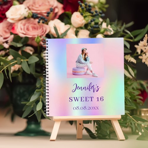 Guest book birthday pink purple photo holographic