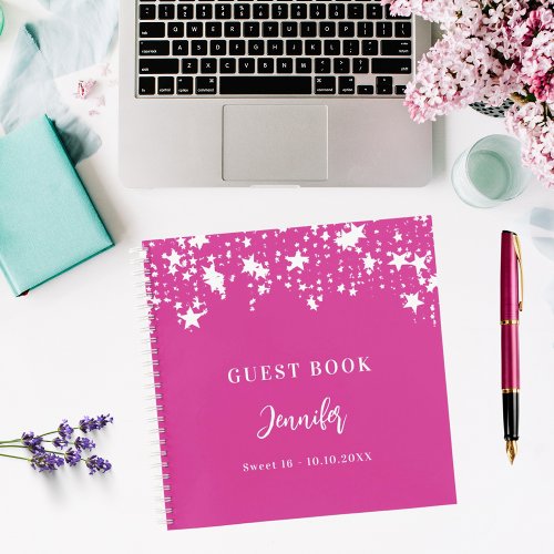 Guest book birthday pink white stars girl