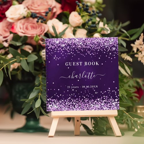 Guest book birthday purple glitter name