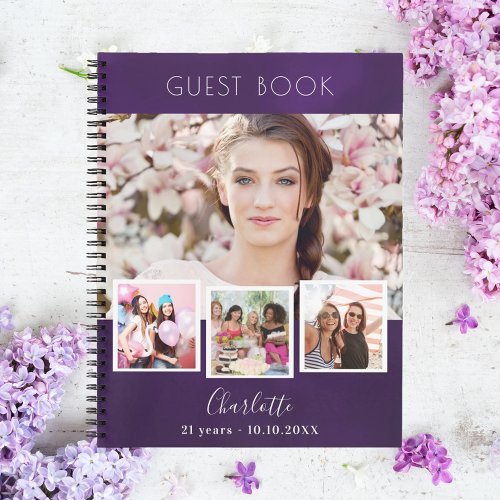 Guest book birthday purple photo collage