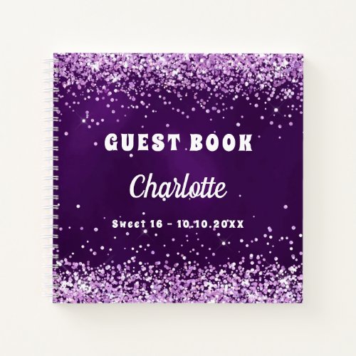 Guest book birthday purple pink glitter name