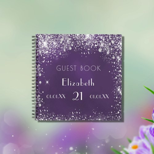 Guest book birthday purple silver glitter dust