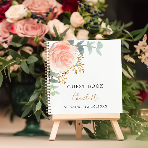Guest book birthday rose gold floral greenery