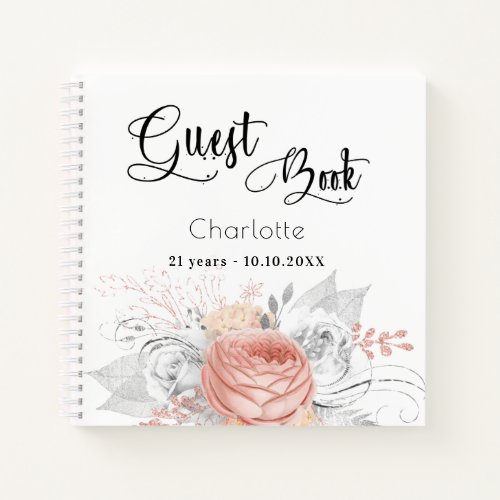 Guest book birthday rose gold floral silver
