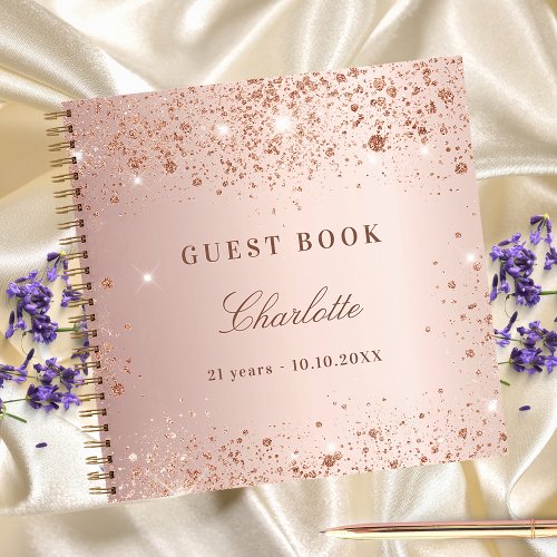 Guest book birthday rose gold glitter blush name