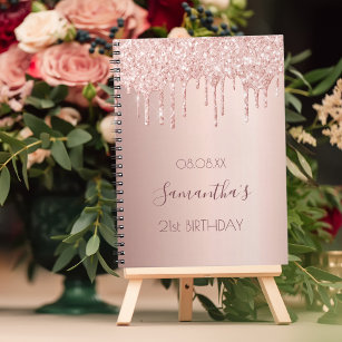 Guest book birthday rose gold glitter drips