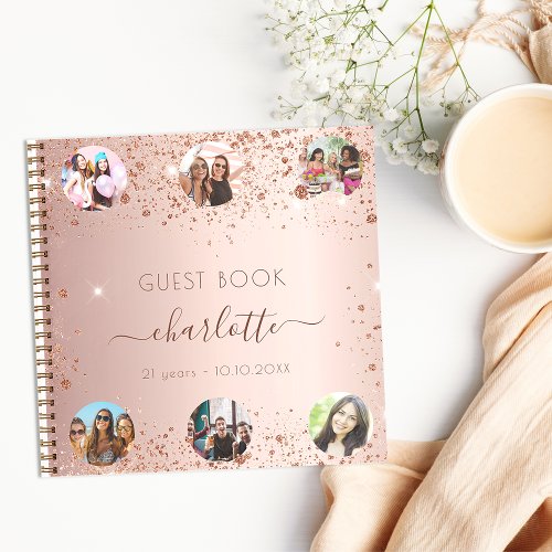 Guest book birthday rose gold glitter name photo