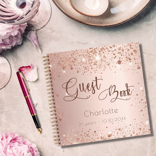 Guest book birthday rose gold glitter name script