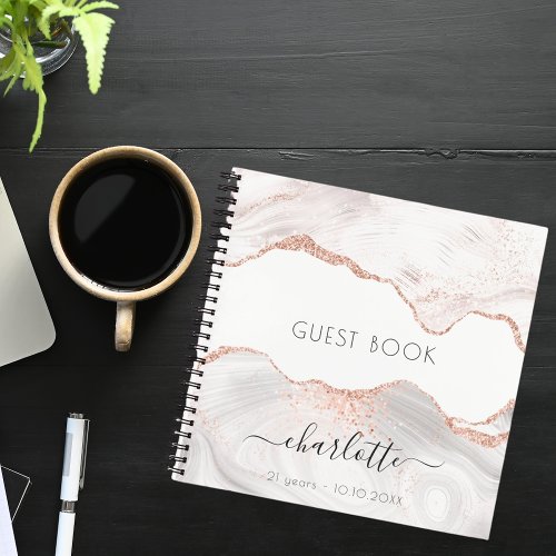 Guest book birthday rose gold marble agate