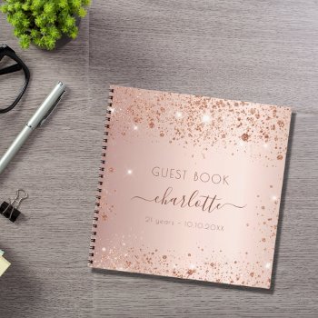 Guest Book Birthday Rose Gold Monogram Glitter by Thunes at Zazzle