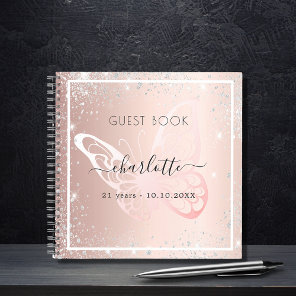 Guest book birthday rose gold silver butterfly