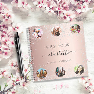 Guest book birthday rose gold silver glitter photo