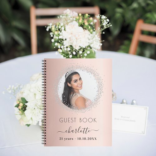 Guest book birthday rose gold silver glitter photo