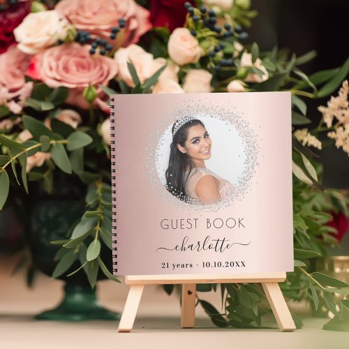 Guest book birthday rose gold silver glitter photo