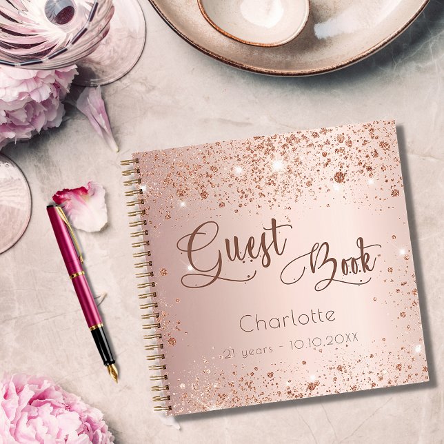 Guest book birthday rose gold sparkles name script (Creator Uploaded)