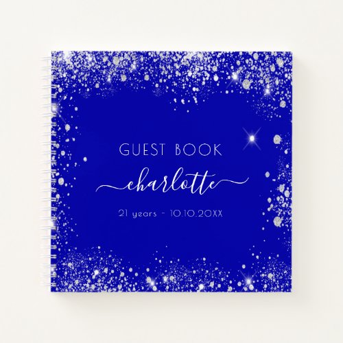 Guest book birthday royal blue silver glitter