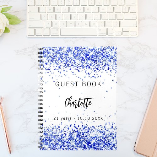 Guest book birthday royal blue white confetti