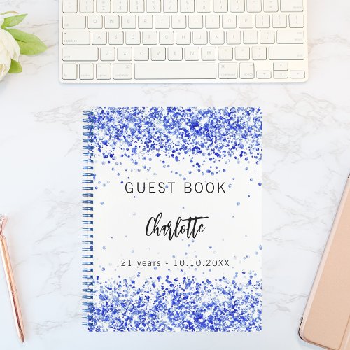 Guest book birthday royal blue white confetti