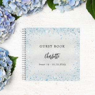 Guest book birthday silver blue sparkles