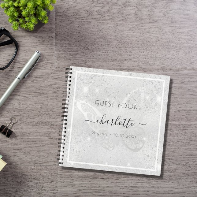 Guest book birthday silver butterfly glitter (Creator Uploaded)