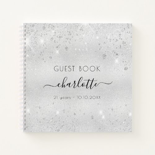 Guest book birthday silver glitter metal monogram