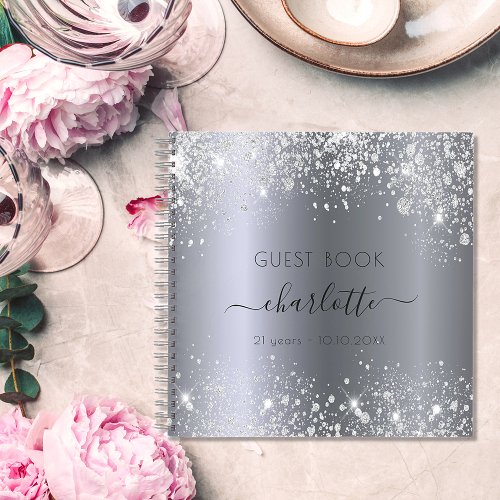 Guest book birthday silver glitter name