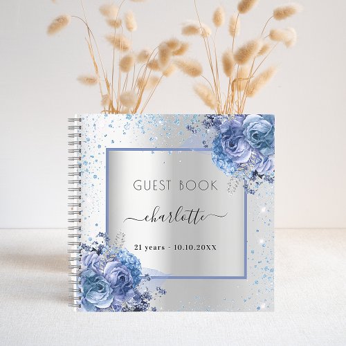 Guest book birthday silver navy blue florals