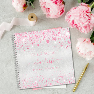 Guest book birthday silver pink glitter monogram