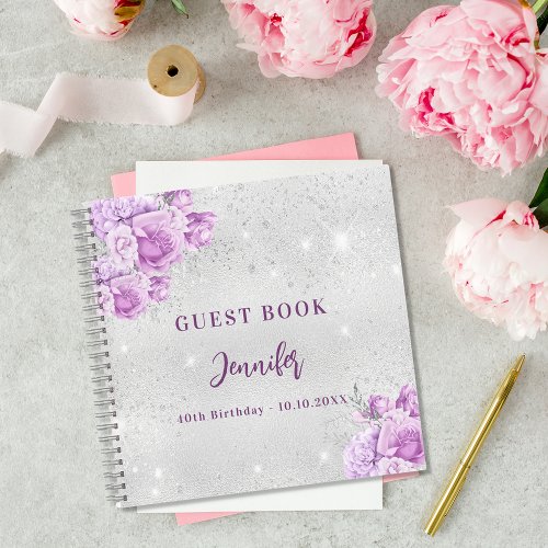 Guest book birthday silver pink violet flowers