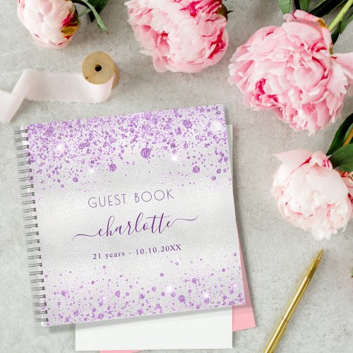 Guest book birthday silver purple glitter monogram