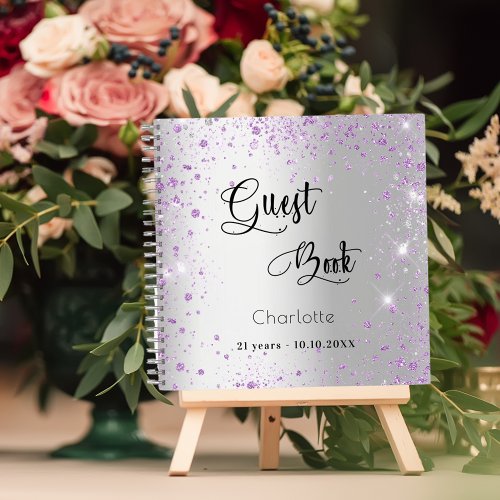 Guest book birthday silver purple glitter violet