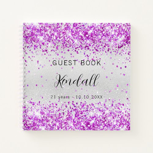 Guest book birthday silver purple pink glitter