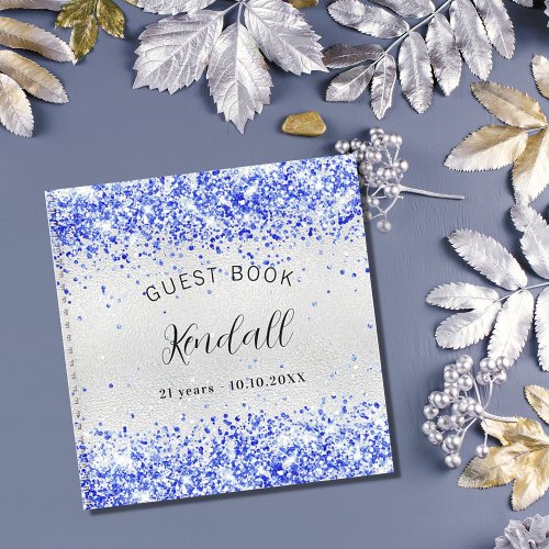 Guest book birthday silver royal blue glitter