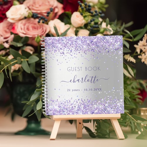 Guest book birthday silver violet glitter name 