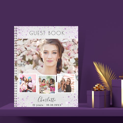 Guest book birthday silver violet photo collage