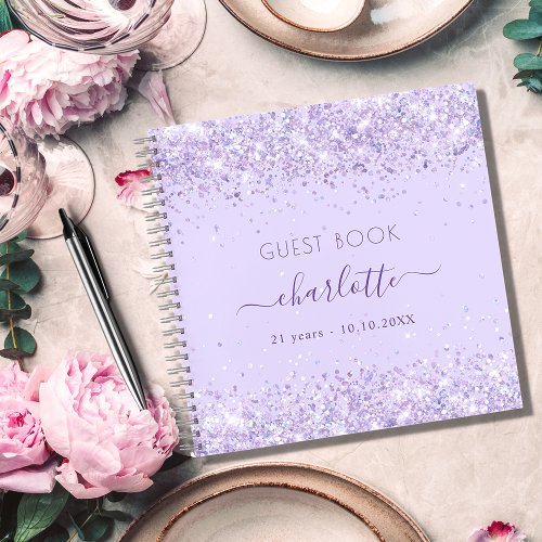 Guest book birthday violet lavender glitter name 
