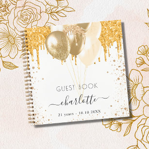 Guest book birthday white gold glitter balloons
