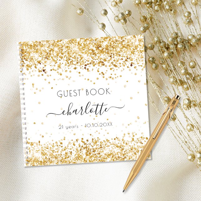 Guest book birthday white gold glitter monogram (Creator Uploaded)