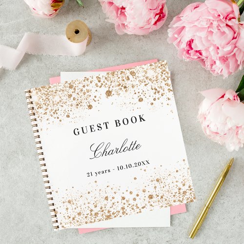Guest book birthday white gold glitter name